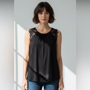 H&M Black Blouse, Embroidered Shoulders, Crew Neck, Oval Hem, Size Small